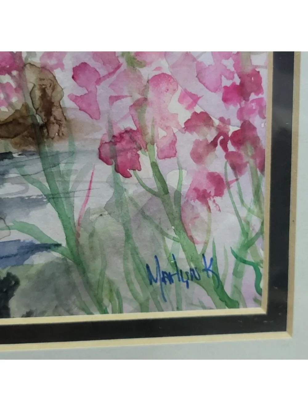 Watercolor Painting Art Print Moose in Water Pink Flower Signed MarLynk